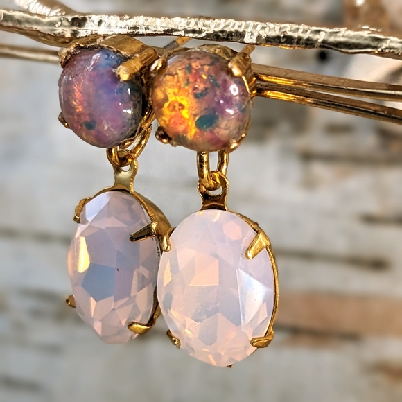Pink Fire Opal And Swarovski Rosewater In Drop Down Earrings In Gold Plated - Picture 3 of 5